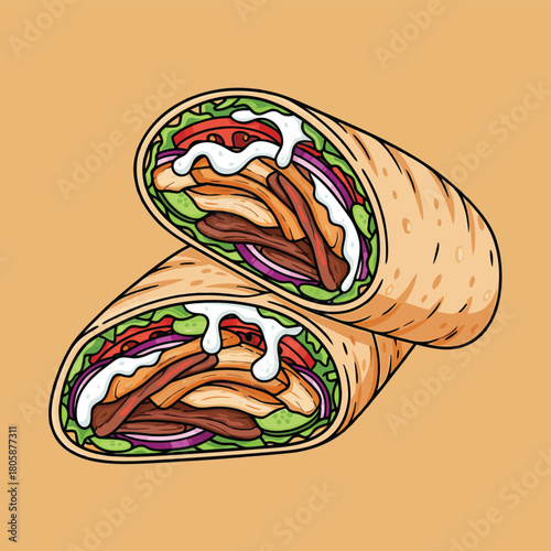 Two delicious Middle Eastern shawarma wraps, filled with grilled meat, fresh vegetables, and creamy sauce, presented in a vibrant cartoon illustration style.