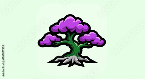 Stylized Purple Tree with Exposed Roots and Green Trunk.