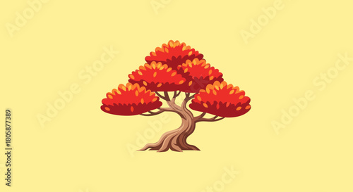 Stylized Red Tree with Twisted Trunk on Yellow Background.
