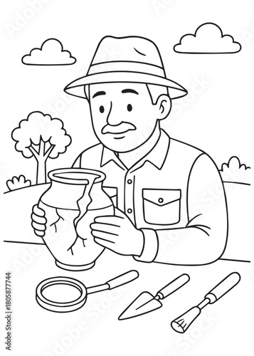Coloring book archaeologist dad studying an ancient vase