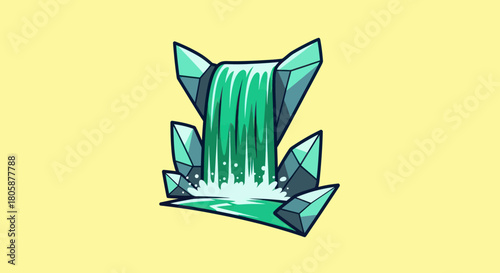 Stylized Waterfall with Crystalline Formations in Cartoon Style.