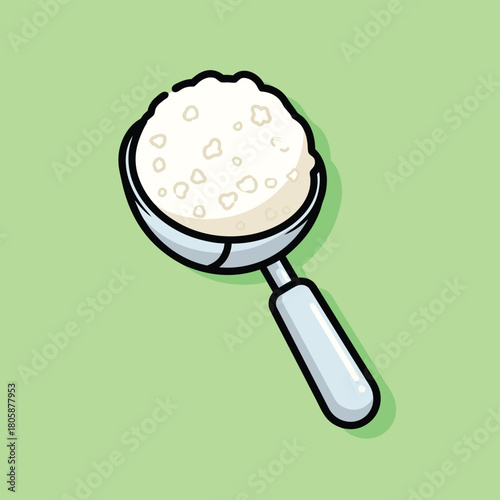A cartoon illustration of a metal scoop filled with white granular substance, possibly rice or sugar, against a light green background.