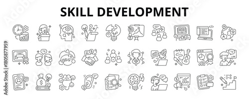 30 Skill Development Line Icons Vector - Teamwork Skills, Communication Skills, Adaptability, Personal Branding, Brainstorming Ideas, Creative, Problem Solving