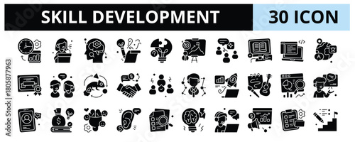 30 Skill Development Glyph Icons Vector - Teamwork Skills, Communication Skills, Adaptability, Personal Branding, Brainstorming Ideas, Creative, Problem Solving