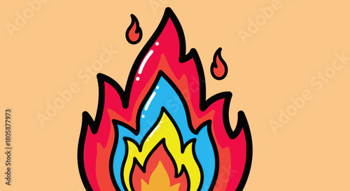 Vibrant cartoon flame illustration with red orange yellow and blue colors.