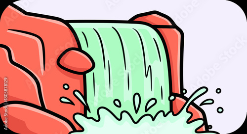 Vibrant cartoon illustration of a cascading waterfall over rocks.