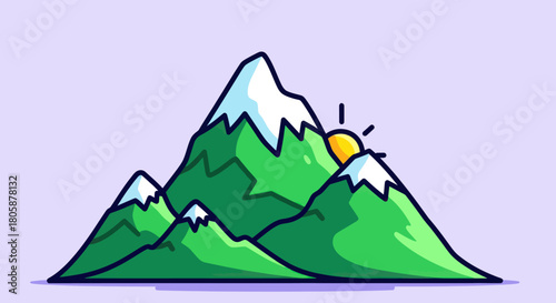 Vibrant Cartoon Mountain Range with Snow Capped Peaks and Rising Sun.