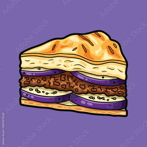 A vibrant cartoon illustration of a delicious slice of moussaka with layers of eggplant and ground meat, topped with a golden crust, set against a solid purple background.