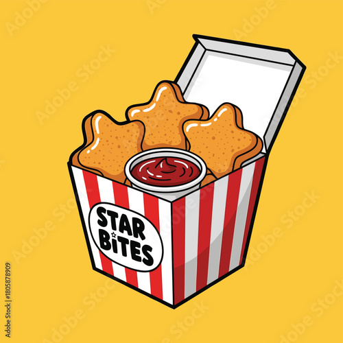 Cartoon illustration of star-shaped chicken nuggets in a striped box with dipping sauce on a yellow background, depicting a popular fast food snack.