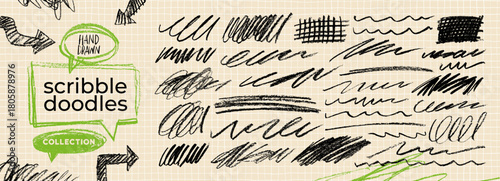 Crayon scribbles and underline set. Hand drawn grunge scrawls, black charcoal scribbles, messy brush strokes.