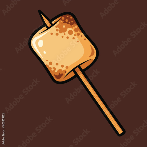 A cartoon illustration of a single roasted marshmallow on a wooden stick, showing golden brown toasted spots against a dark brown background.