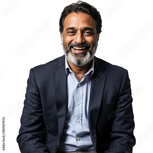Smiling indian man in suit and shirt confident business professional portrait studio shot isolated on transparent background