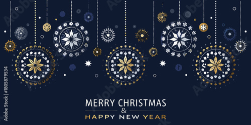 Elegant merry christmas and happy new year greeting card with hanging ornaments and stars on a dark blue background
