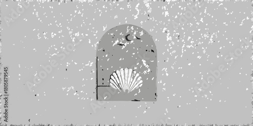 Artistic monochrome illustration of a seashell within an arched window with moon and birds against a textured background