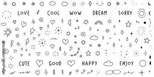 Collection of hand drawn doodle elements including words hearts stars clouds and sunbursts