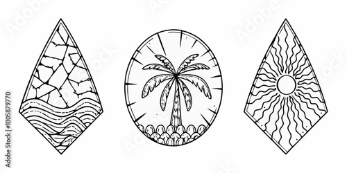 Set of three hand drawn black and white geometric emblems featuring a cracked earth landscape a tropical palm tree and a radiant sun