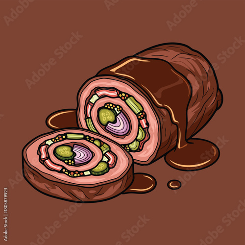 A cartoon illustration of a savory meat roulade with a slice cut off, revealing a filling of red onion, pickles, and bacon, all covered in rich brown gravy.