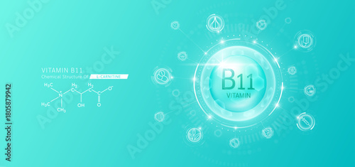 Synthetic natural vitamin B11 in hexagonal dome blue. Surrounded by fruit, vegetable, syringe, pills and IV bag icons. Chemical structure of L-carnitine. Medical scientific concepts. Vector.