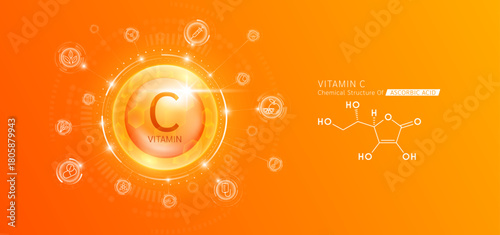 Synthetic natural vitamin C in hexagonal dome orange. Surrounded by fruit, vegetable, syringe, pills and IV bag icons. Chemical structure of Ascorbic Acid. Medical scientific concepts. Vector.