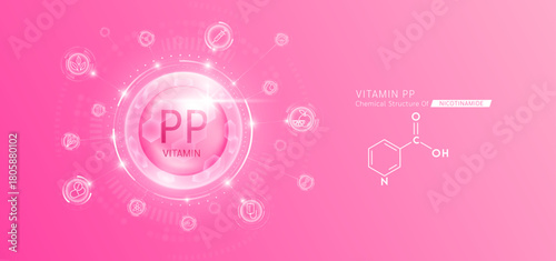 Synthetic natural vitamin PP in hexagonal dome pink. Surrounded by fruit, vegetable, syringe, pills and IV bag icons. Chemical structure of Nicotinamide. Medical scientific concepts. Vector.