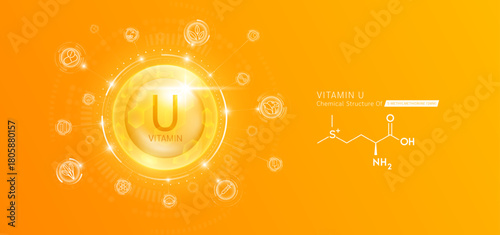Synthetic natural vitamin U in hexagonal dome orange with chemical structure. Surrounded by fruit, vegetable, syringe, pills and IV bag icons. Medical scientific concepts. Vector.