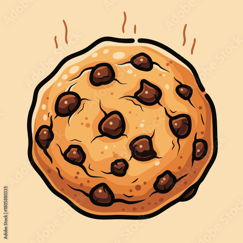 A warm, freshly baked chocolate chip cookie with visible chocolate chunks and subtle steam rising.