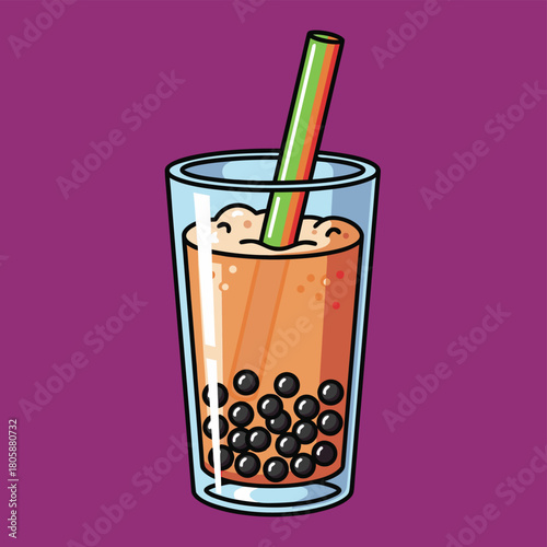 A vibrant cartoon illustration of a glass of bubble tea with tapioca pearls and a colorful straw on a purple background, showcasing a popular sweet beverage.