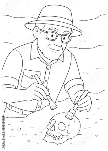 Coloring book archaeologist dad brushing ancient skull