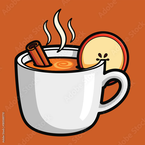 A steaming mug of hot apple cider with a cinnamon stick and an apple slice, on an orange background.