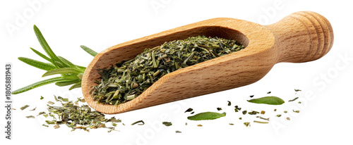 Dried herbs in wooden scoop with fresh sprigs