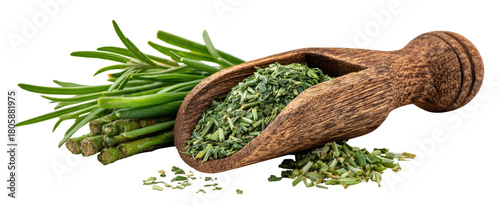 Fresh and dried herbs in a wooden scoop