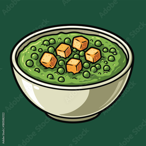 A cartoon illustration of a bowl of vibrant green pea soup, garnished with golden-brown croutons and whole peas, presented on a dark green background.
