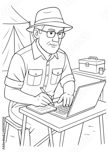Coloring book archaeologist dad working on laptop in research tent