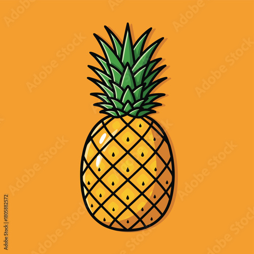 A vibrant cartoon illustration of a whole pineapple with green spiky leaves and a yellow textured body on an orange background.