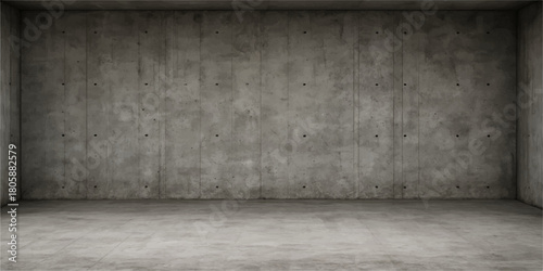 Empty interior room with dark grunge concrete wall, gray cement floor, and old wooden texture backdrop