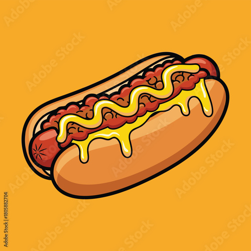 Vibrant cartoon illustration of a classic hot dog with chili and mustard on a toasted bun, presented on a warm orange background.