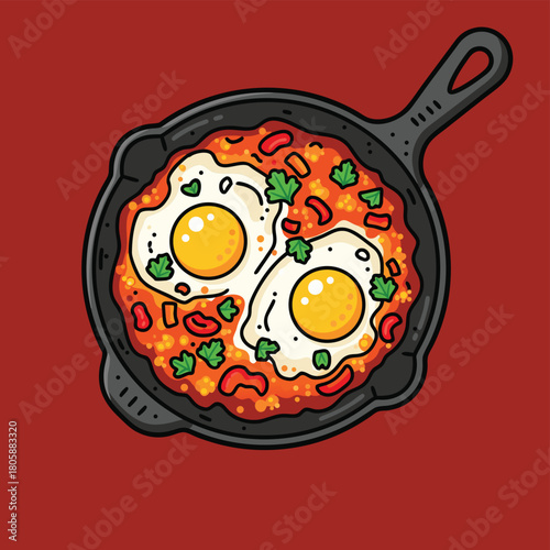 A vibrant illustration of two sunny-side-up eggs cooked in a rich red tomato sauce with peppers and herbs, served in a black cast iron skillet.