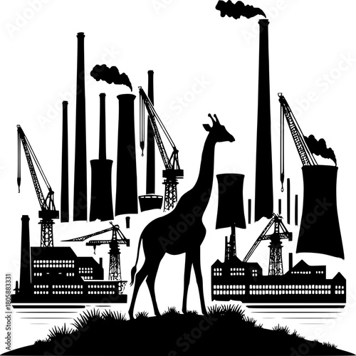 A juxtaposition: A tall giraffe, standing tall, and a silhouette industrial landscape create an intriguing juxtaposition of nature and industry.