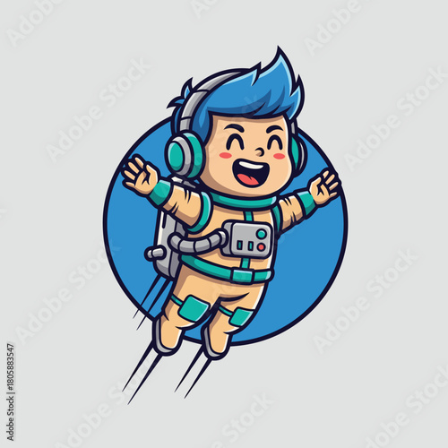 A happy cartoon boy astronaut with blue hair and headphones flying with a jetpack.