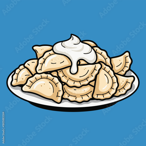 A plate of golden pierogi dumplings topped with a dollop of white sour cream on a vibrant blue background.