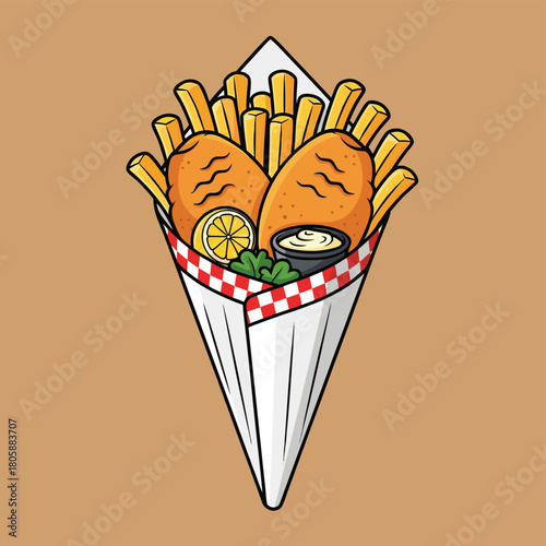 Cartoon illustration of classic fish and chips served in a checkered paper cone with lemon and sauce.