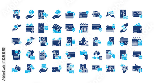 Payment card icon set collection. Containing operation, profit, touch, deal, management, note, cards .Solid vector icons collection