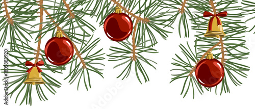 vector drawing Christmas background, New year composition, pine branches with green needles and decoration , hand drawn illustration