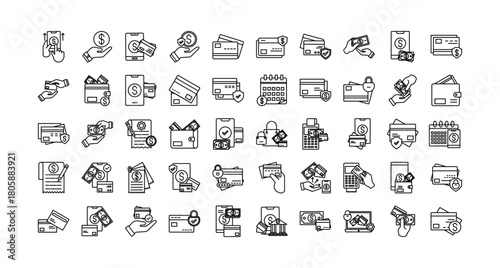 Art & IllustrationPayment card icon set collection. Containing operation, profit, touch, deal, management, note, cards .Line vector icons collection