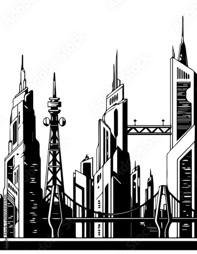 Black vector illustration of a major urban city skyline, featuring a silhouette of architectural landmarks like a skyscraper and Big Ben