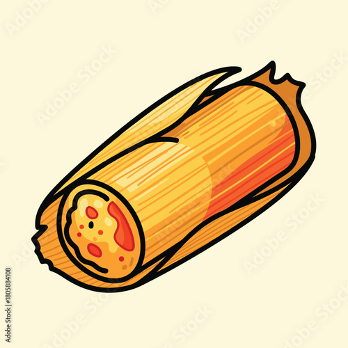A vibrant cartoon illustration of a single tamale, partially unwrapped, showcasing its masa and red filling, set against a light background.