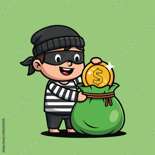 Cute cartoon thief character putting a golden dollar coin into a green money bag.