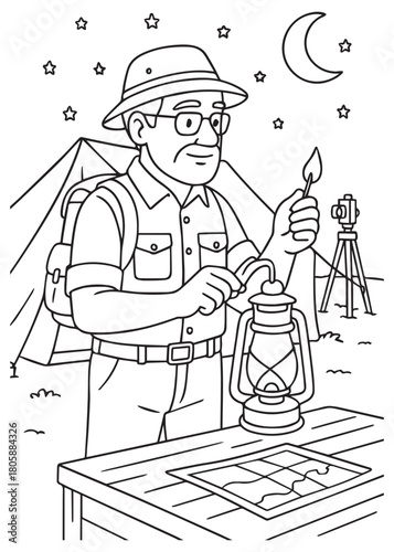 Coloring book Archaeologist dad uses a lantern to examine excavation grid at night beside tent