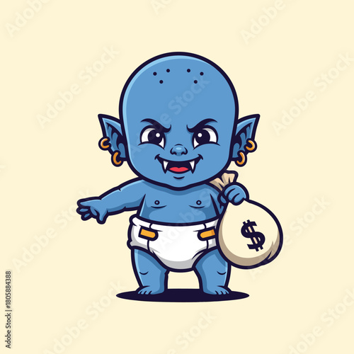 A mischievous blue baby goblin or imp with fangs and piercings, wearing a diaper and holding a money bag with a dollar sign.