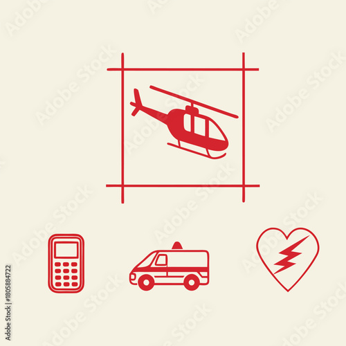 Emergency Services Icons Vector Set – Rescue Helicopter, Ambulance, Phone and Heart Symbol